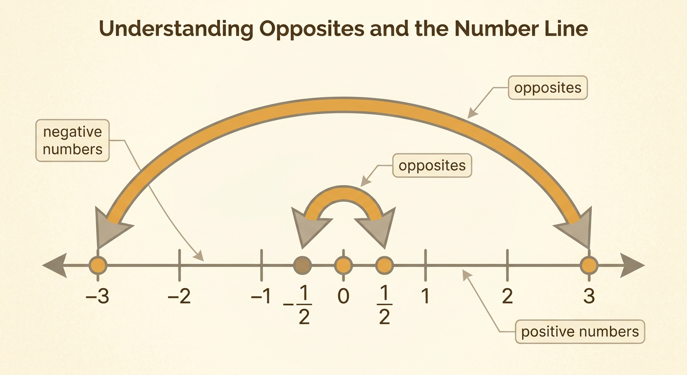 Opposite rational numbers are equal distances from 0 on different sides of the number line.