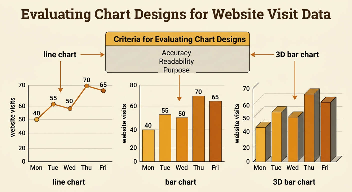The same five days of website visits appear as a line chart, a bar chart, and a distorted 3D bar chart.