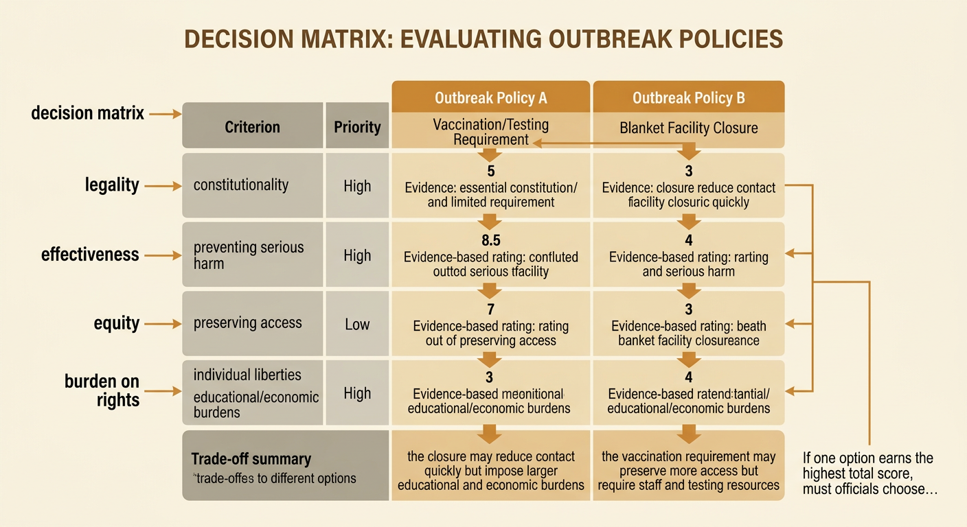 A weighted decision matrix compares a vaccination-and-testing policy with a blanket facility closure.