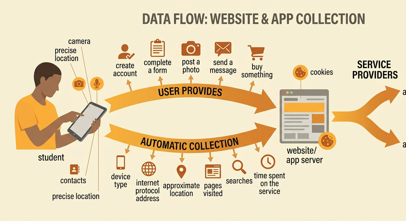 A phone displays app permission requests and automatic data collection around a weather app.