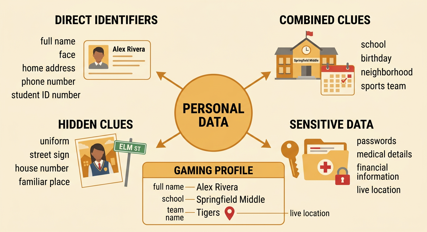 A gaming profile shows how several ordinary details can combine to identify one student.