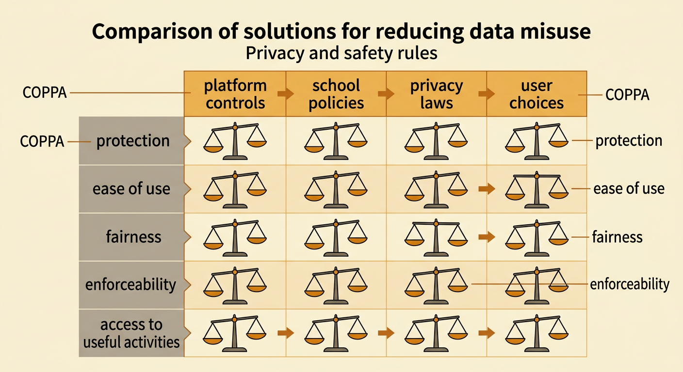 A balance scale compares four criteria for judging a child privacy rule such as COPPA.