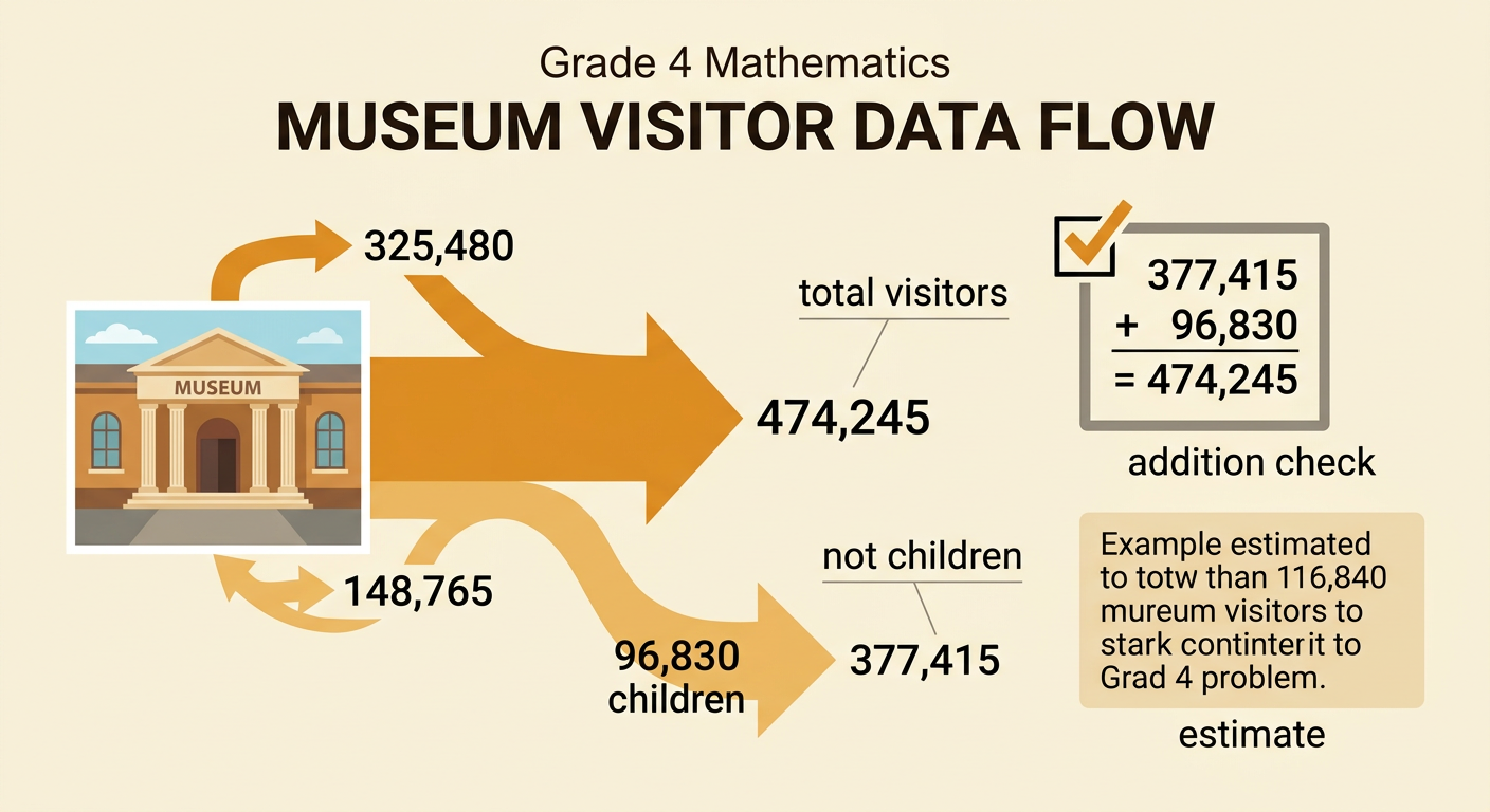 A museum visitor diagram shows the yearly total, the number of children, the number who were not children, and two checks.