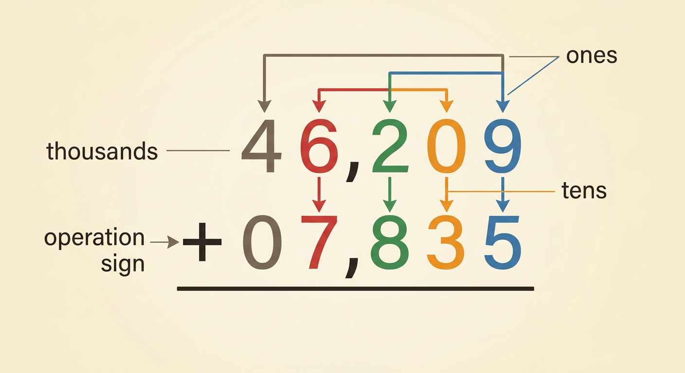 The numbers 46,209 and 07,835 are stacked for addition with matching place-value columns aligned.