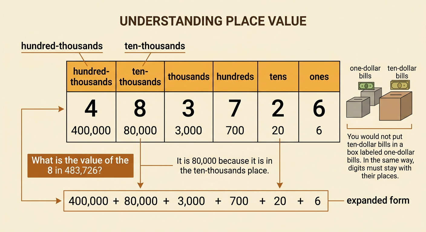 A place-value chart shows 483,726 above its expanded form, with each digit connected to its value.