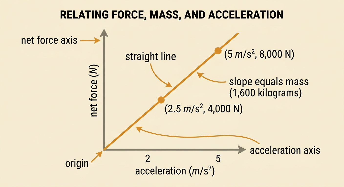 A straight-line graph plots net force against acceleration for a 1,600-kilogram vehicle.