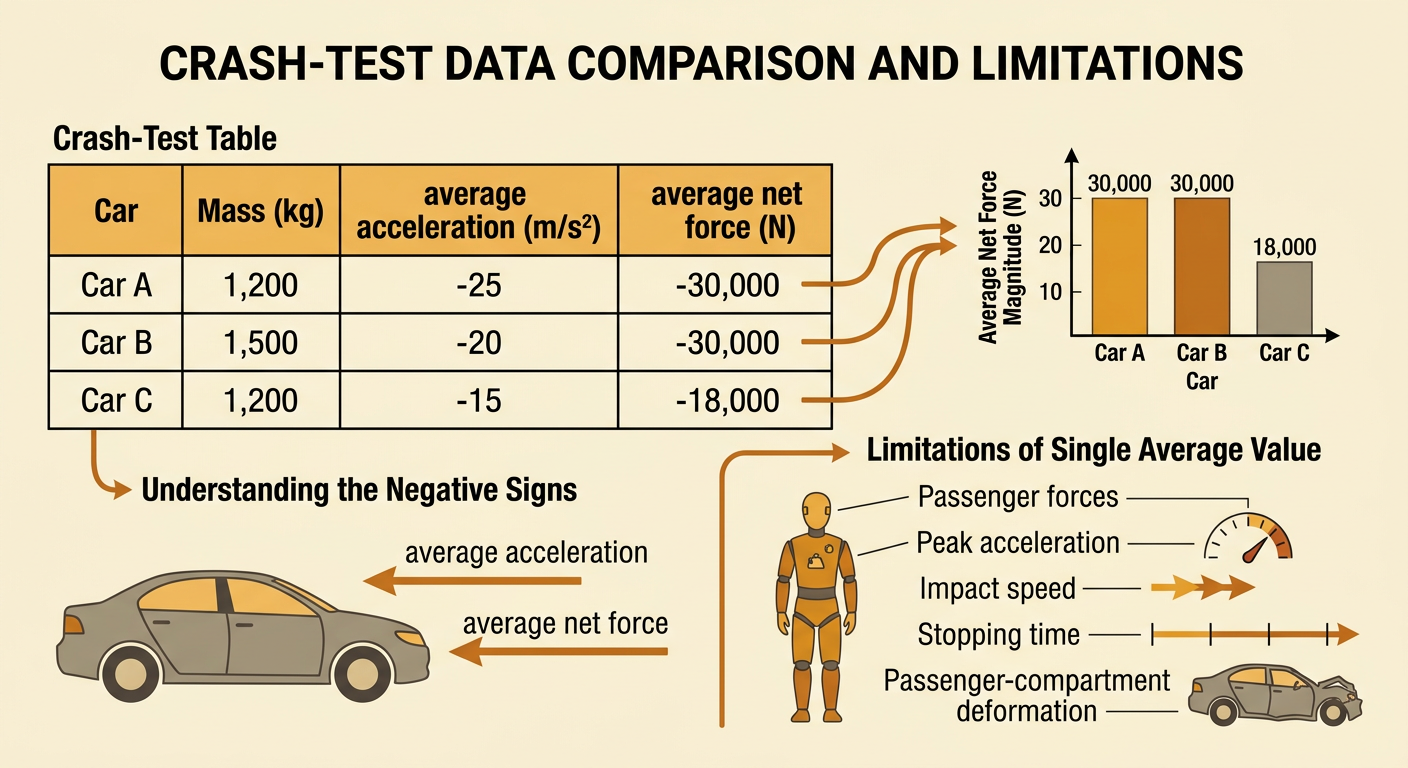 A crash-test table compares the mass, acceleration, and average net force of three cars.