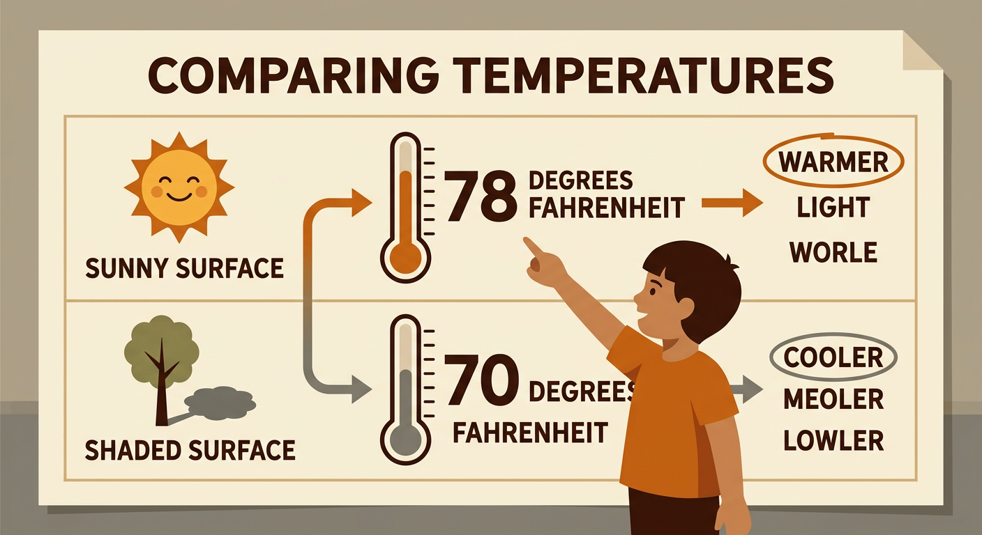 A simple class chart compares the sunny surface at 78 degrees Fahrenheit with the shaded surface at 70 degrees Fahrenheit.