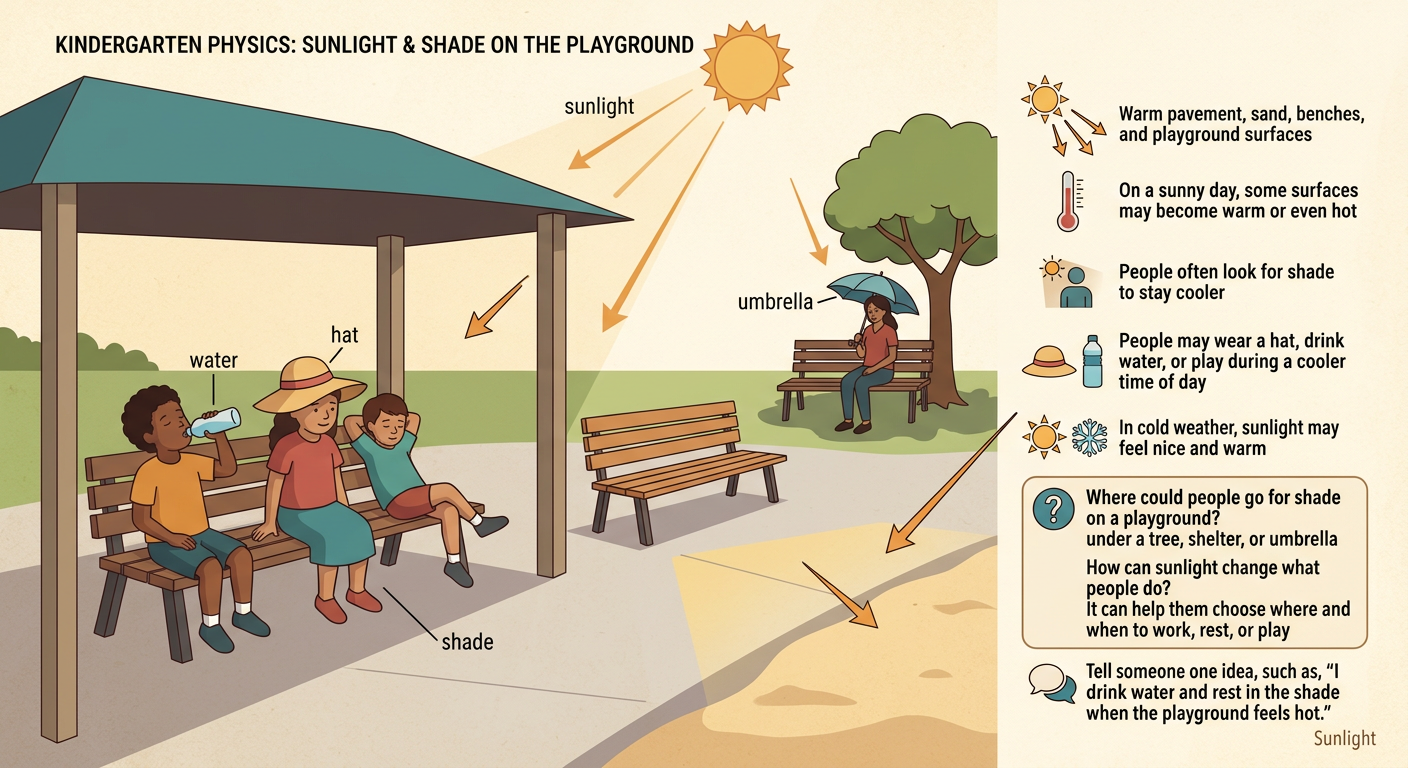 Children use a playground shelter, an umbrella, hats, and water to stay cooler beside a sunny play area.