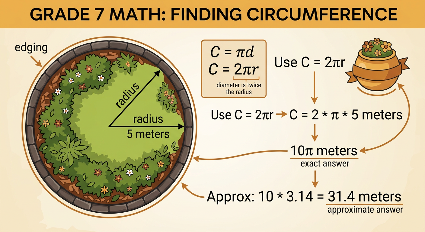 A circular garden shows a 5-meter radius and edging extending around its boundary.
