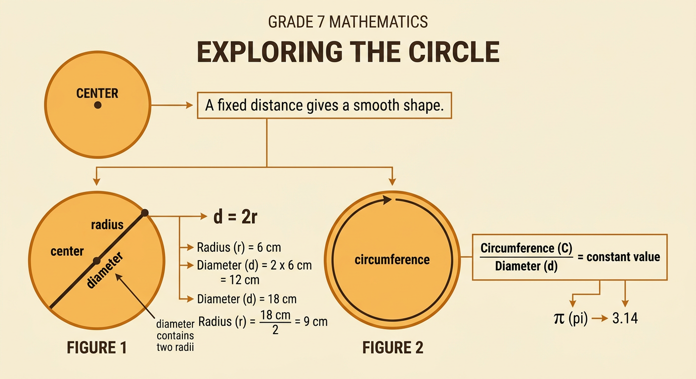 A diagram shows one circle with a 6-centimeter radius and another demonstrating the constant circumference-to-diameter ratio.