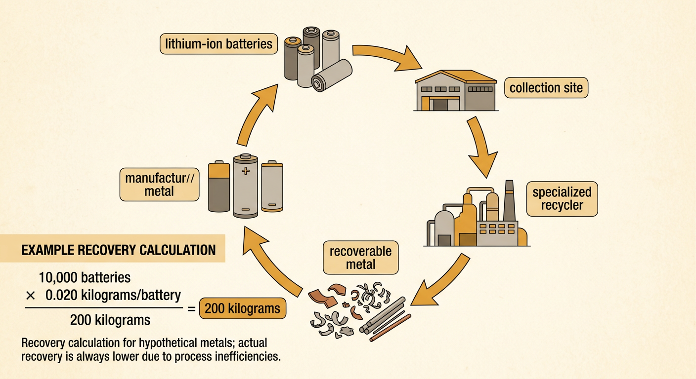 A battery-recycling pathway shows used lithium-ion batteries moving from a collection site to material recovery at a specialized facility.