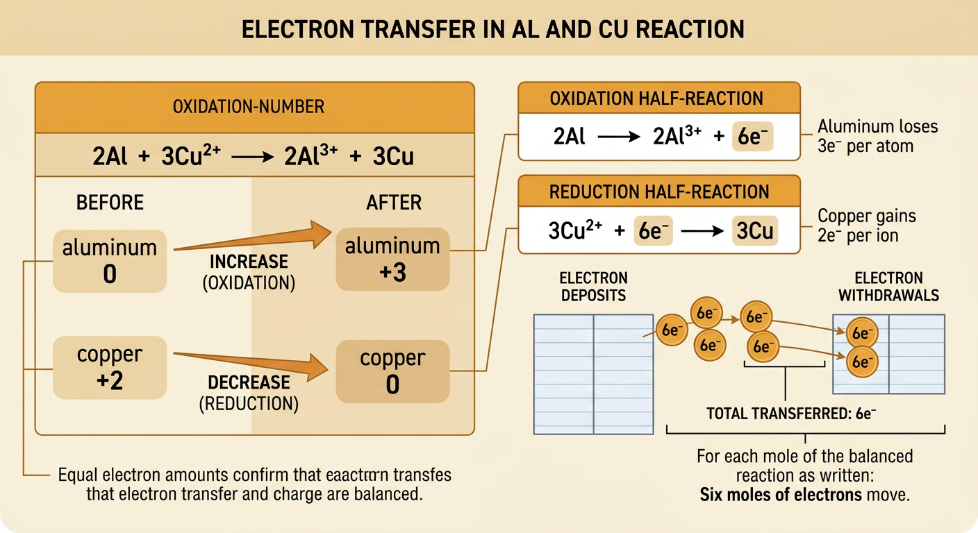 A reaction map shows oxidation-number changes for aluminum and copper with six electrons transferred between the half-reactions.