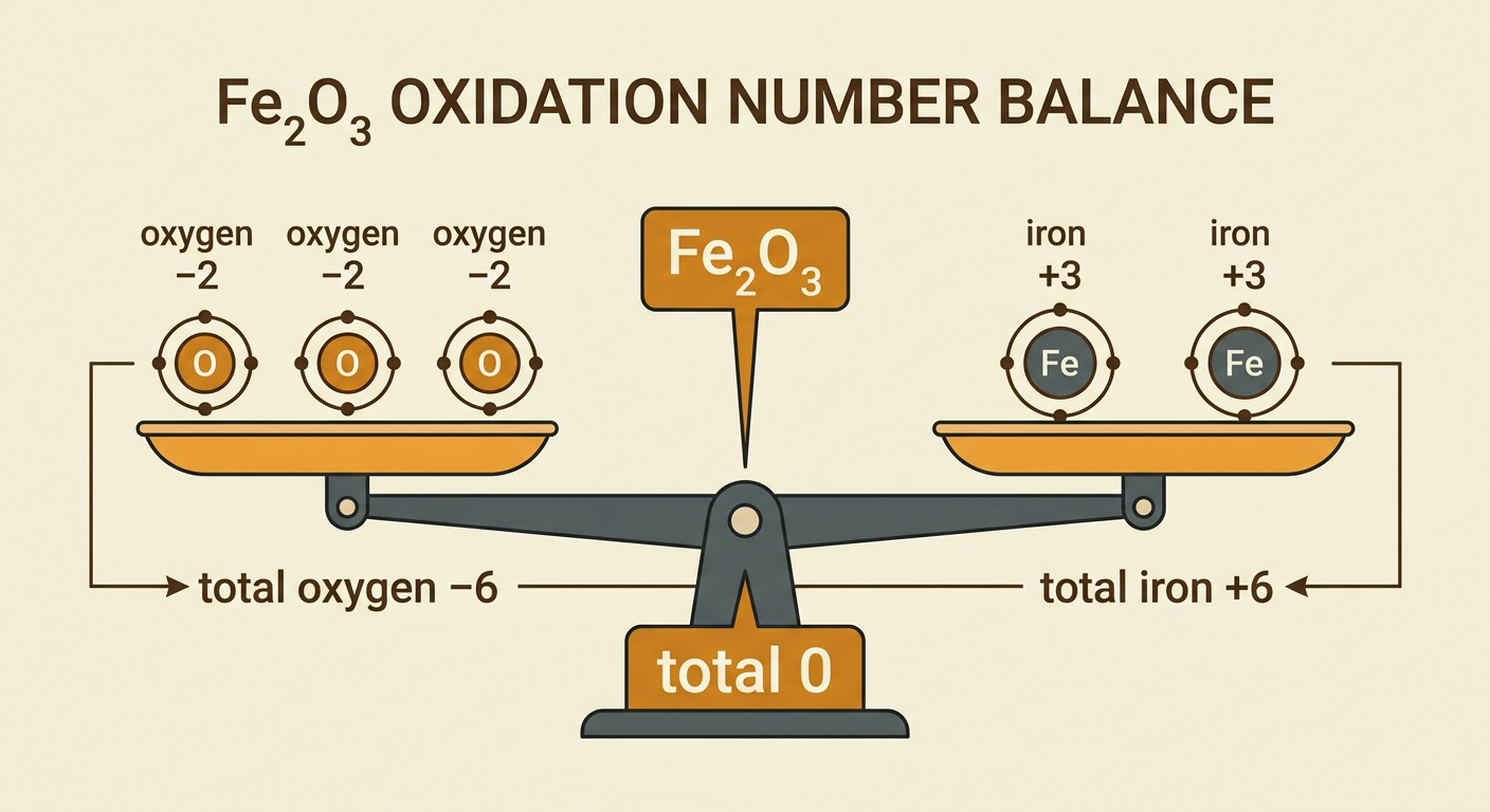 A color-coded Fe₂O₃ model shows two iron atoms and three oxygen atoms with oxidation numbers that add to zero.