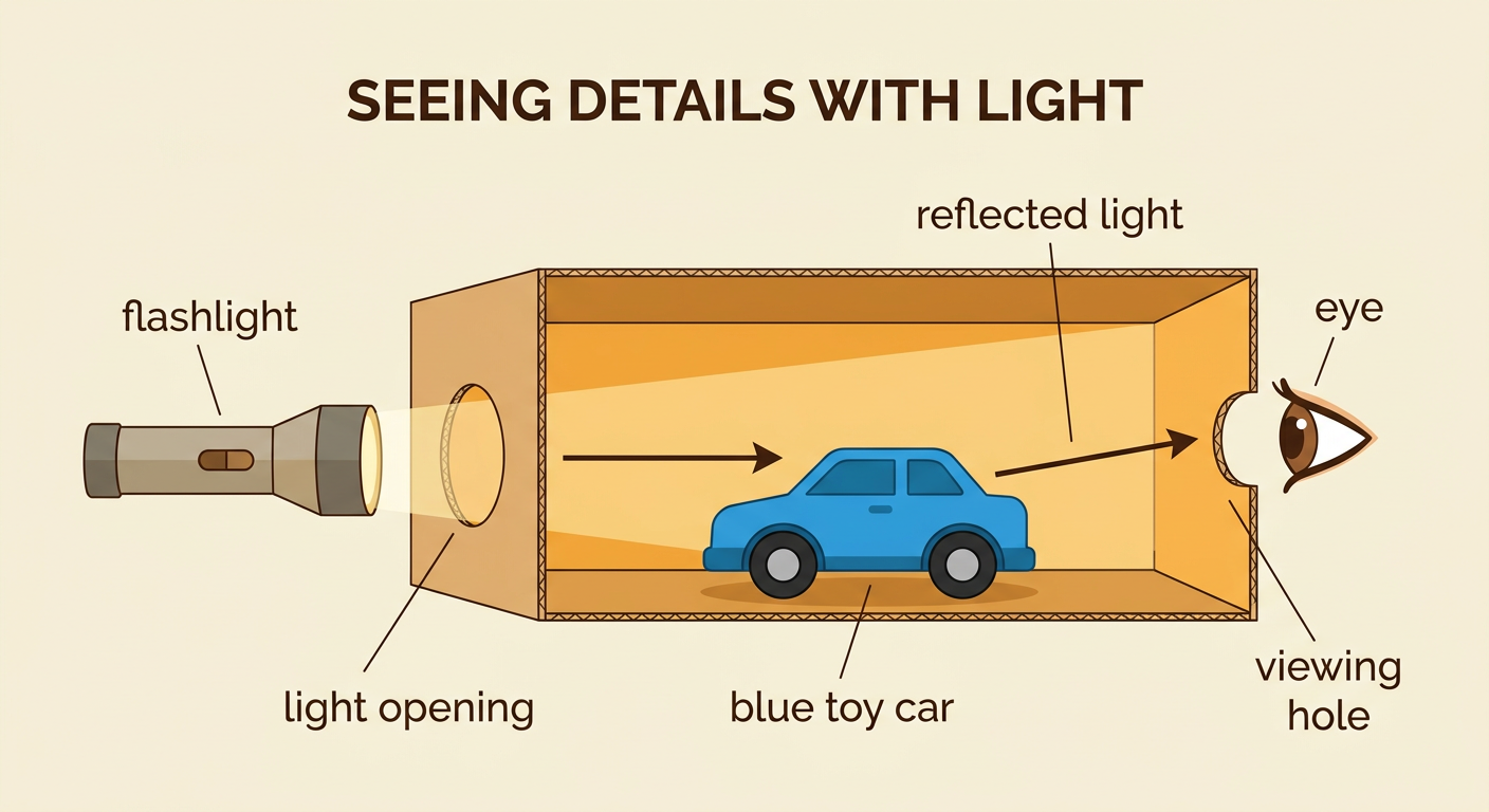A flashlight shines through a light opening onto a blue toy car, and reflected light reaches an eye.