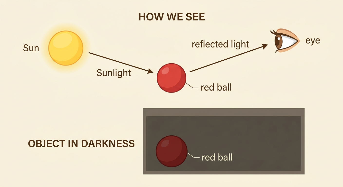 Sunlight shines on a red ball, and reflected light travels from the ball to an eye.