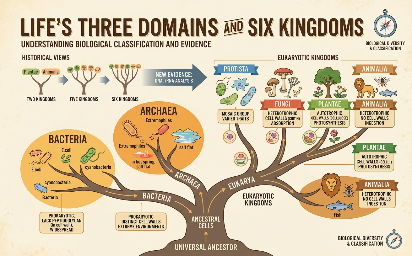 Life’s Three Domains and Six Kingdoms