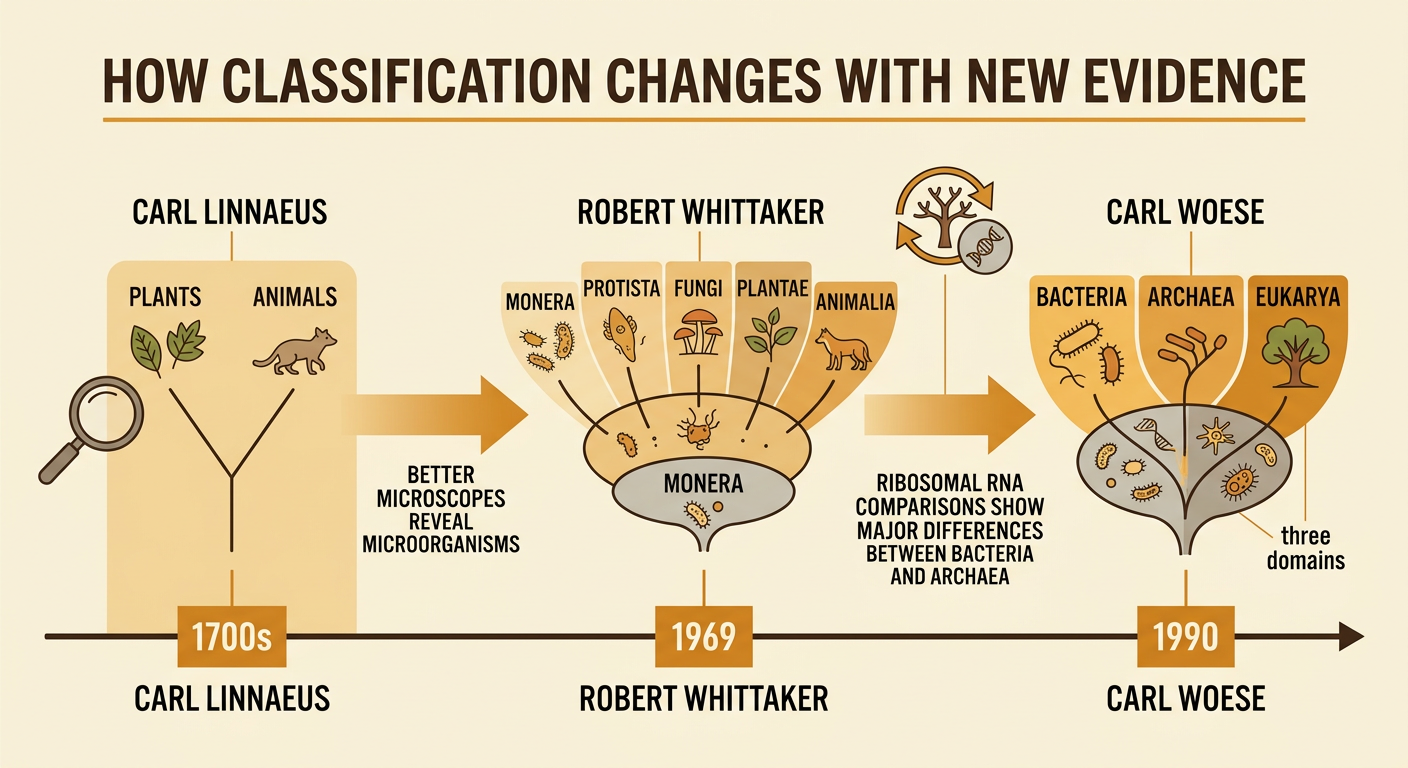 A timeline traces the shift from early visible-trait classification to the three-domain system.