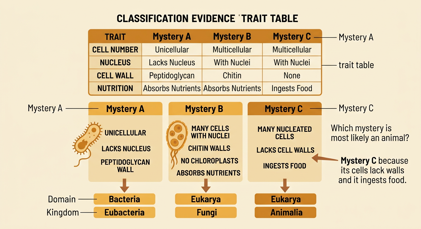 A trait table compares the cell structures and nutrition of three mystery organisms and shows their classifications.