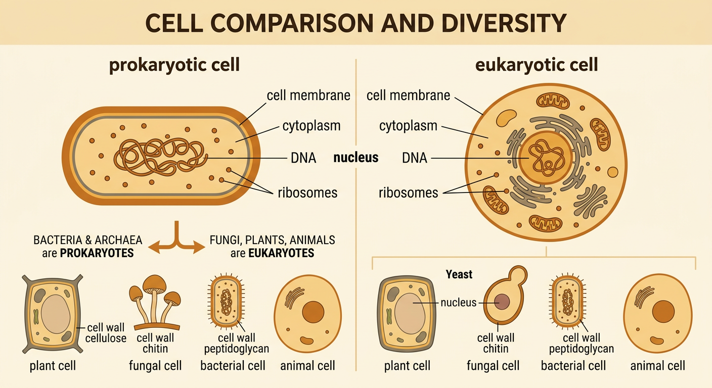 A prokaryotic cell and a eukaryotic yeast cell are compared, showing the yeast nucleus and the different wall materials.