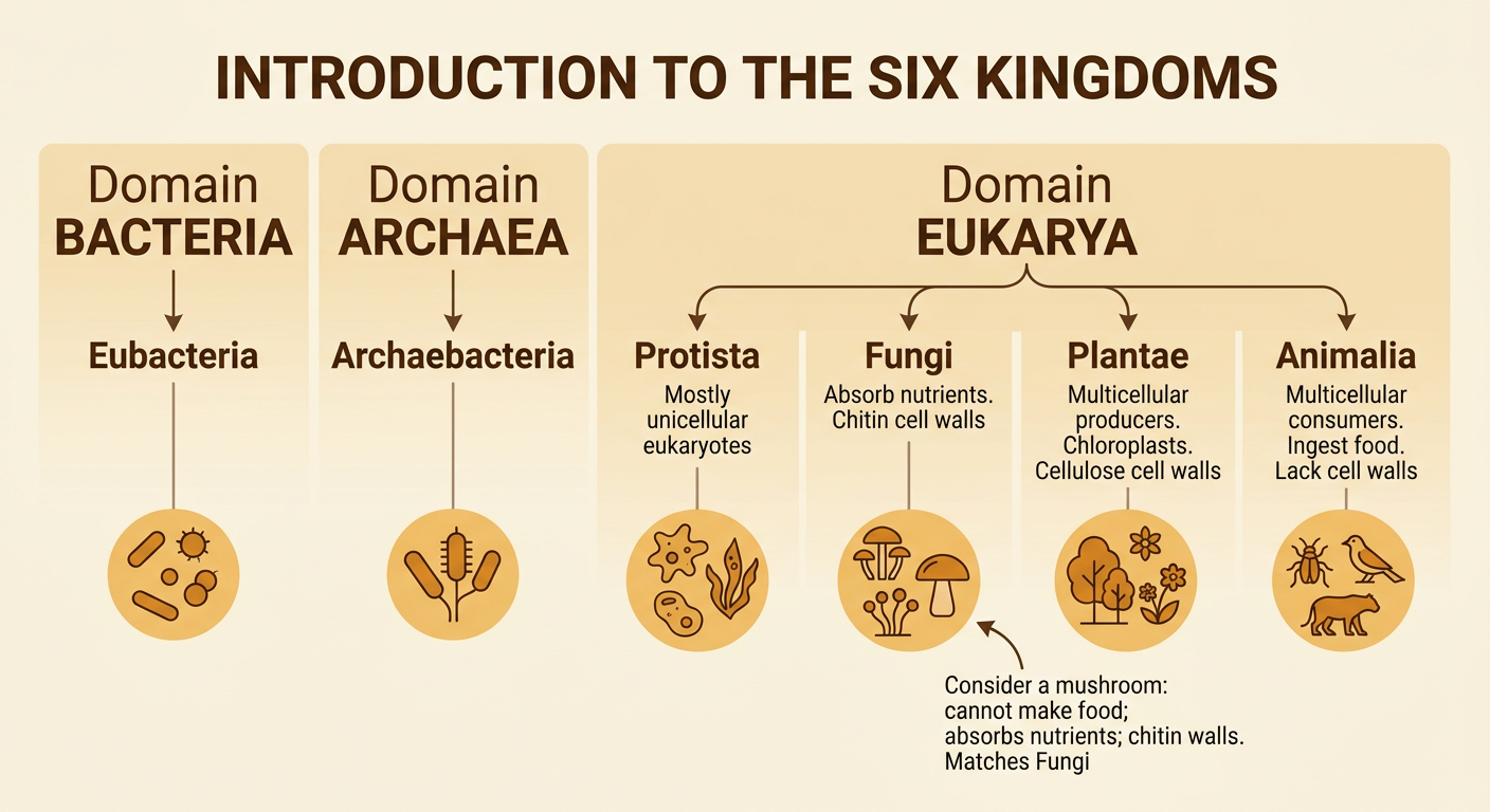 A chart organizes representative organisms into the traditional six kingdoms and connects them to the three domains.