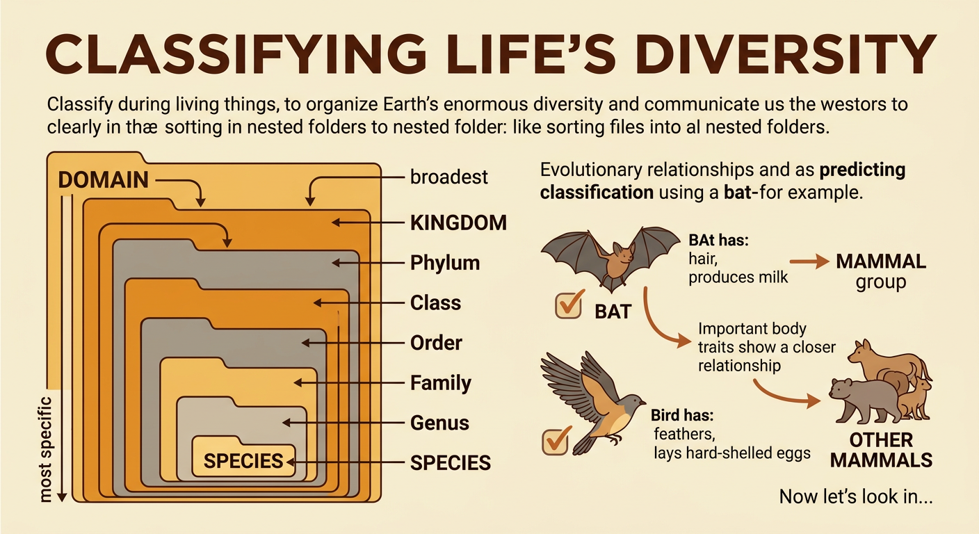 A nested classification diagram runs from domain to species beside a trait comparison of a bat and a bird.