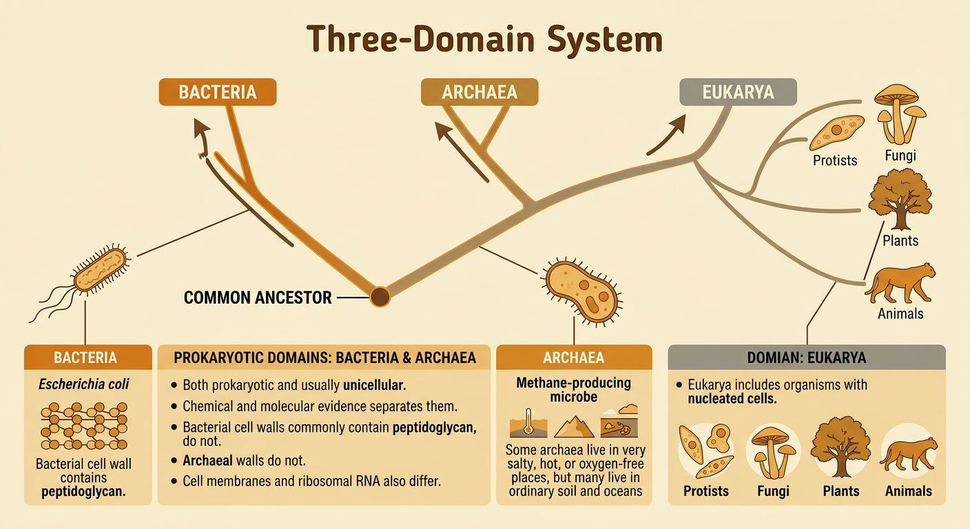 A branching tree compares Bacteria, Archaea, and Eukarya and shows Archaea and Eukarya as more closely related.