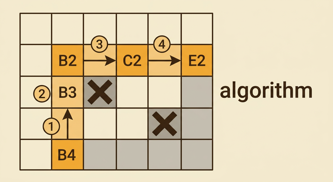 A highlighted algorithm traces a safe path from B4 through B3, B2, C2, and D2 to E2.