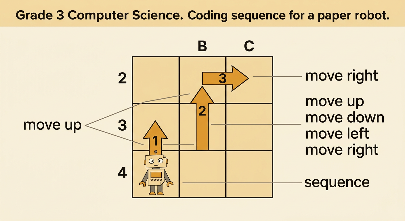 A paper robot on B4 follows three arrows on a grid beside the four directional command cards.