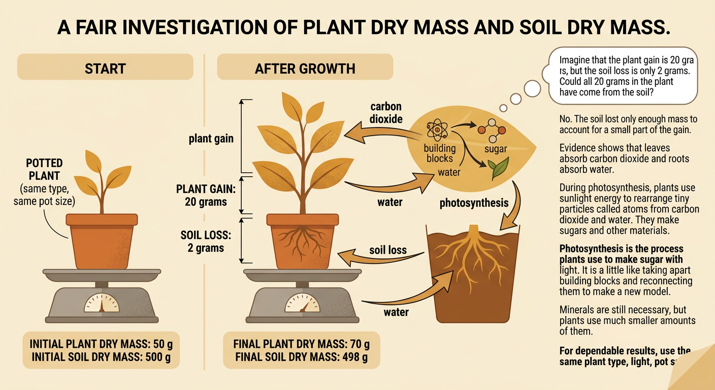 A balance comparison shows a plant gaining 20 grams while its dry soil loses only 2 grams, with air and water entering the plant.