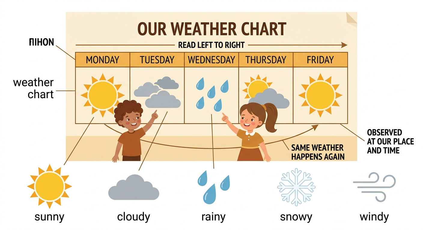 A class weather chart shows sunny Monday, cloudy Tuesday, rainy Wednesday, and more weather symbols across several days.