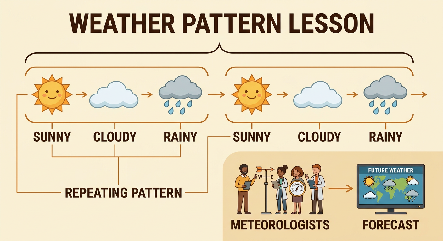 A weather chart shows two matching groups of sunny, cloudy, and rainy symbols, followed by a question mark for tomorrow.