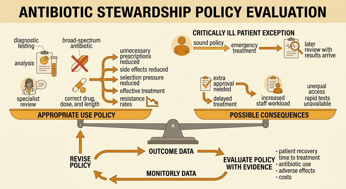 A hospital decision pathway connects diagnostic testing with appropriate prescriptions, emergency treatment, later review, and tracked resistance rates.