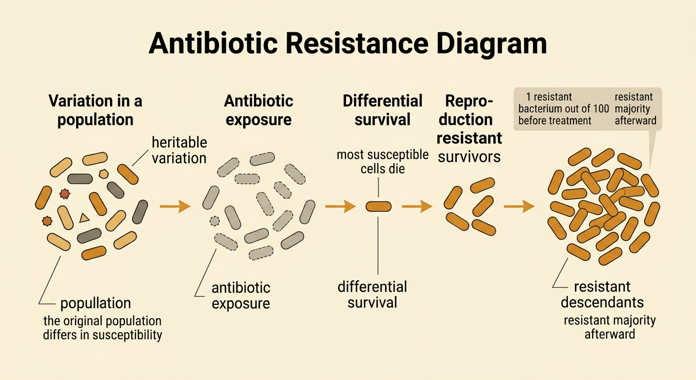 A three-step culture diagram shows one resistant cell surviving antibiotic exposure and producing a resistant population.