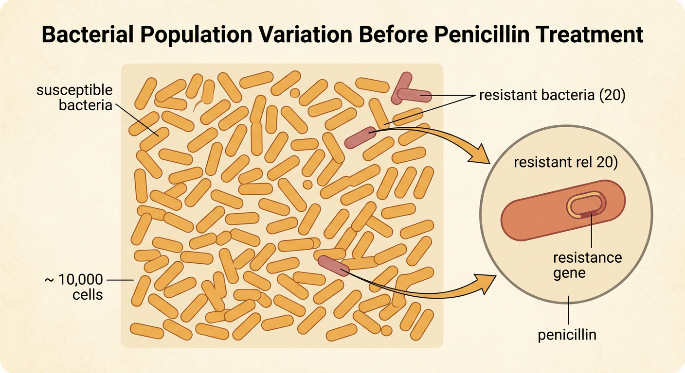 A petri dish contains 10,000 bacteria, with 20 resistant cells highlighted among many susceptible cells.