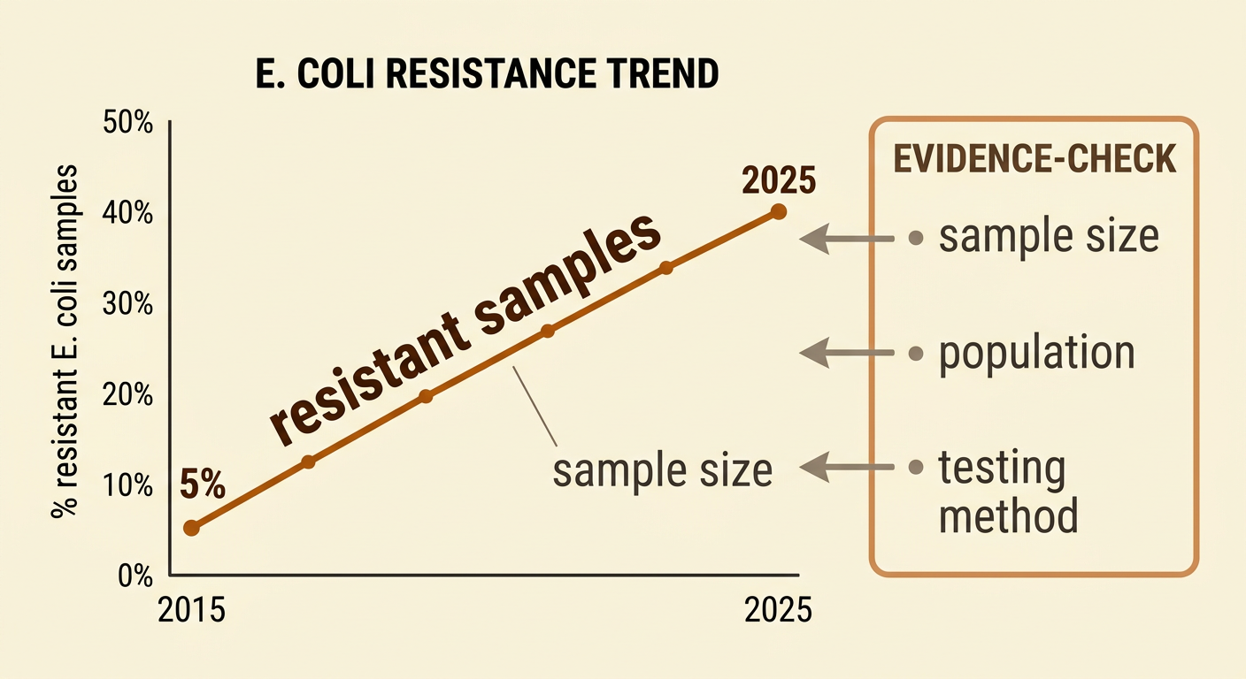 A hospital chart compares resistant E. Coli samples in 2015 and 2025 and includes the sample sizes.