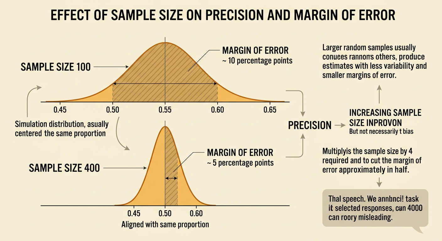 Two simulation plots compare the wider results for sample size 100 with the narrower results for sample size 400.