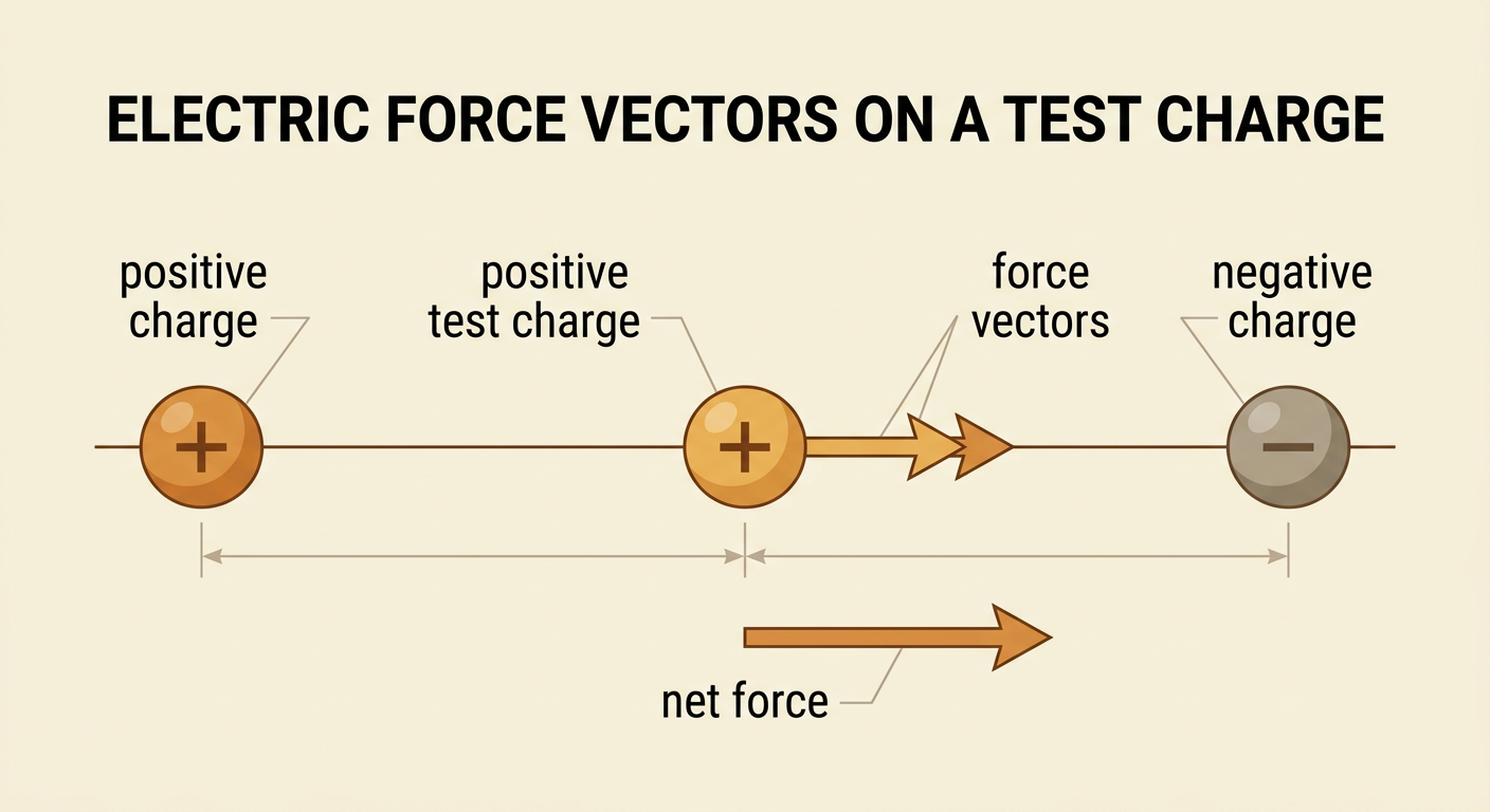 Three charges in a line create two rightward force vectors on the positive center test charge.