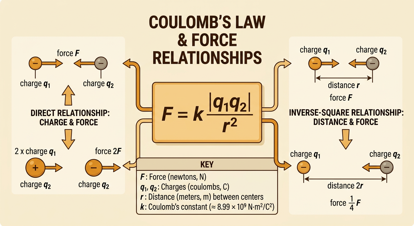 Two point charges are separated by a measured distance, with force arrows and the Coulomb’s law equation shown.