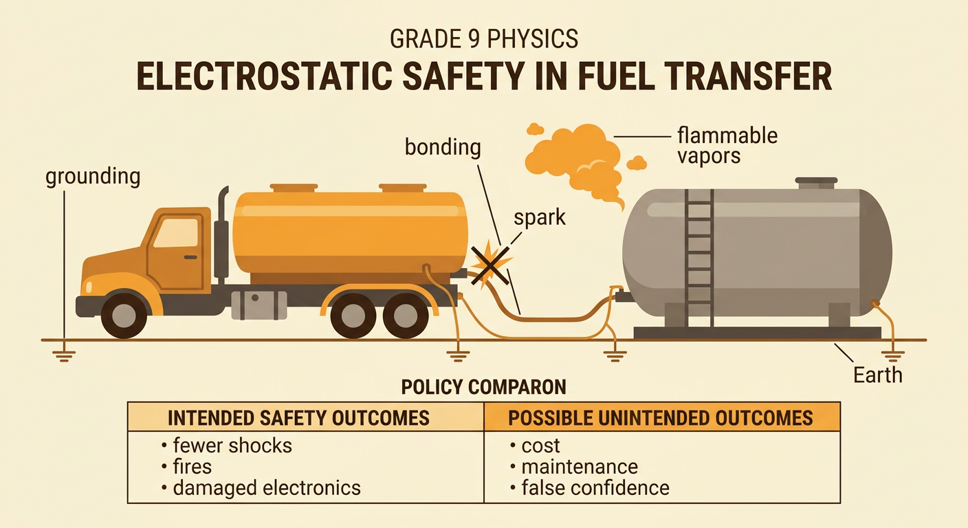 A fuel pump and vehicle are bonded together and grounded to Earth to prevent a spark near flammable vapors.