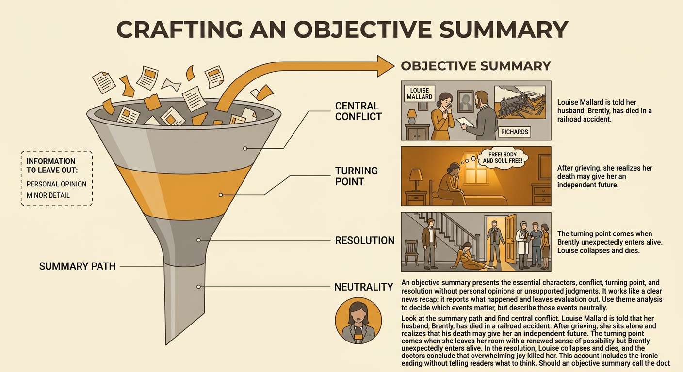 A neutral summary path shows the central conflict, turning point, and resolution of Louise Mallard’s story.