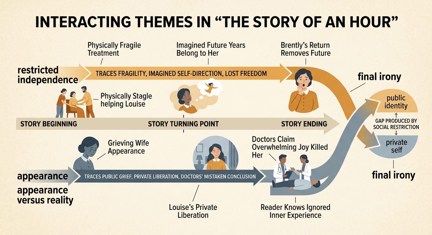 A braided timeline connects restricted independence with appearance versus reality through the story’s final irony.