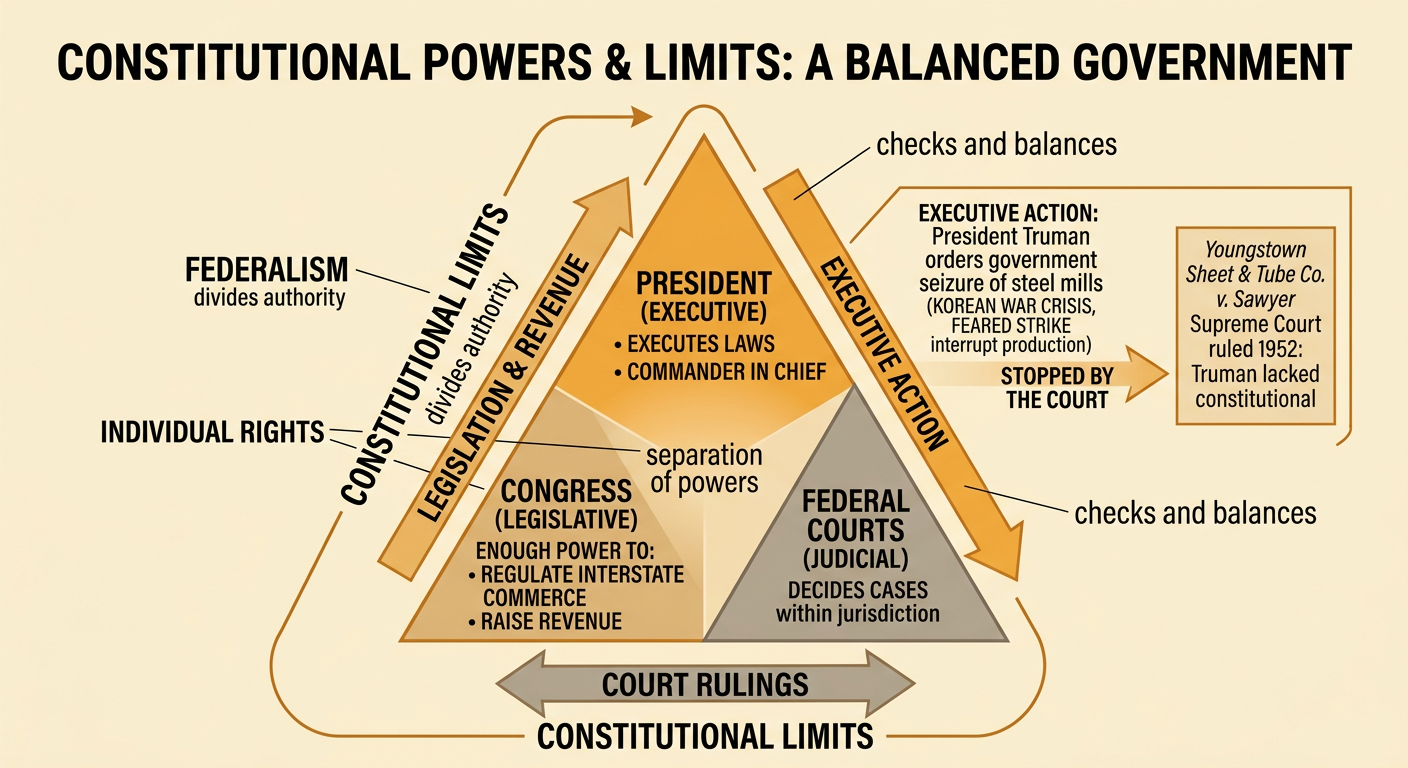 The three branches balance one another above a steel mill blocked from presidential seizure by the Supreme Court.