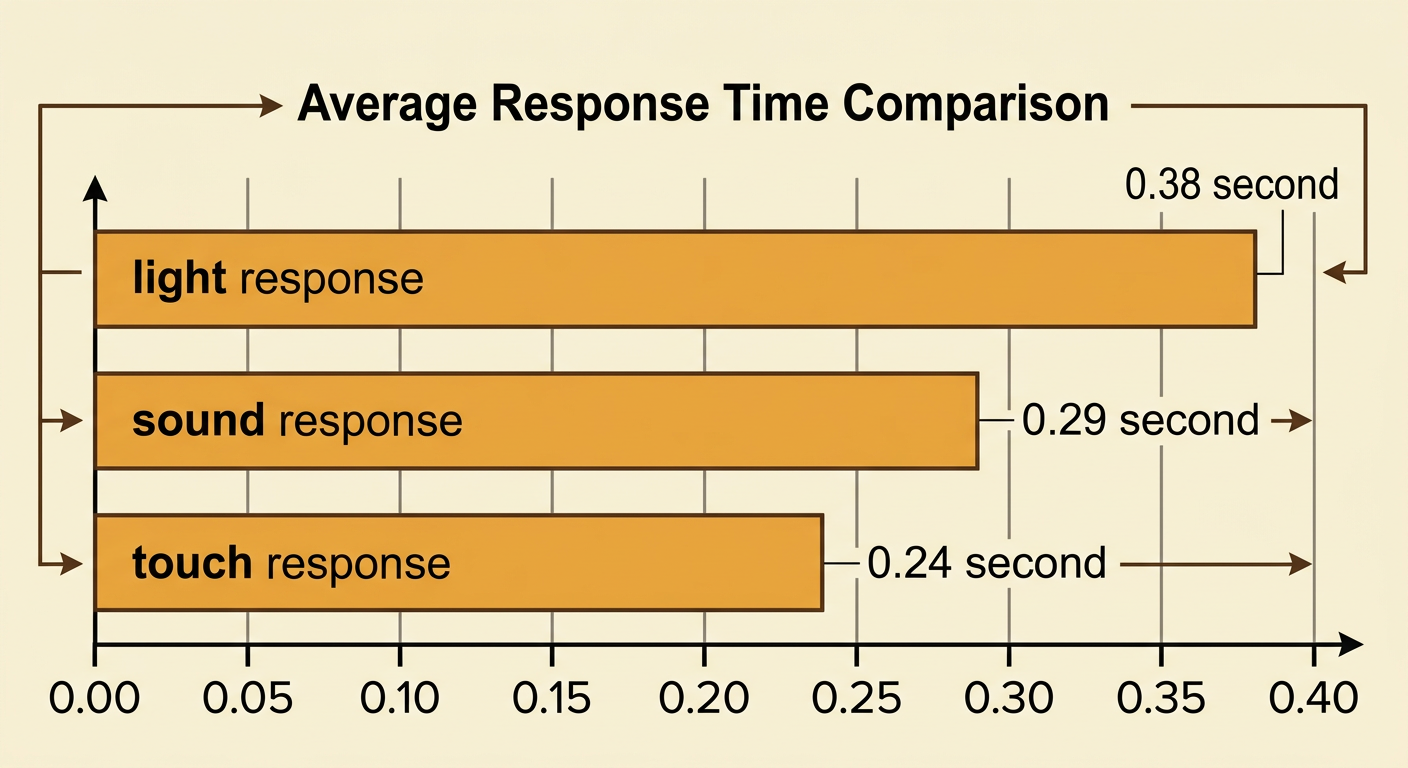 A clear response-time chart compares light, sound, and touch using three decimal measurements.