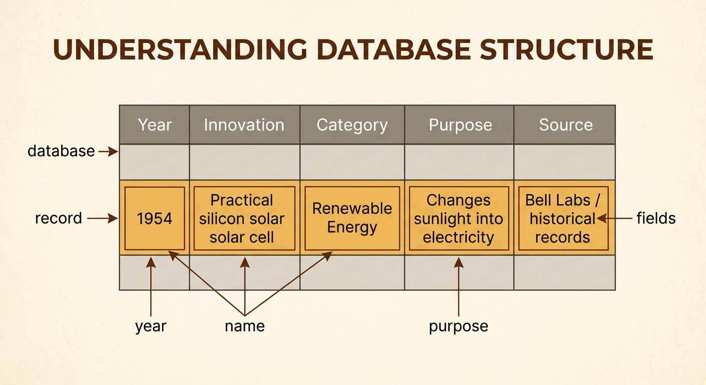 A database table shows one record for the 1954 practical silicon solar cell with labeled fields.