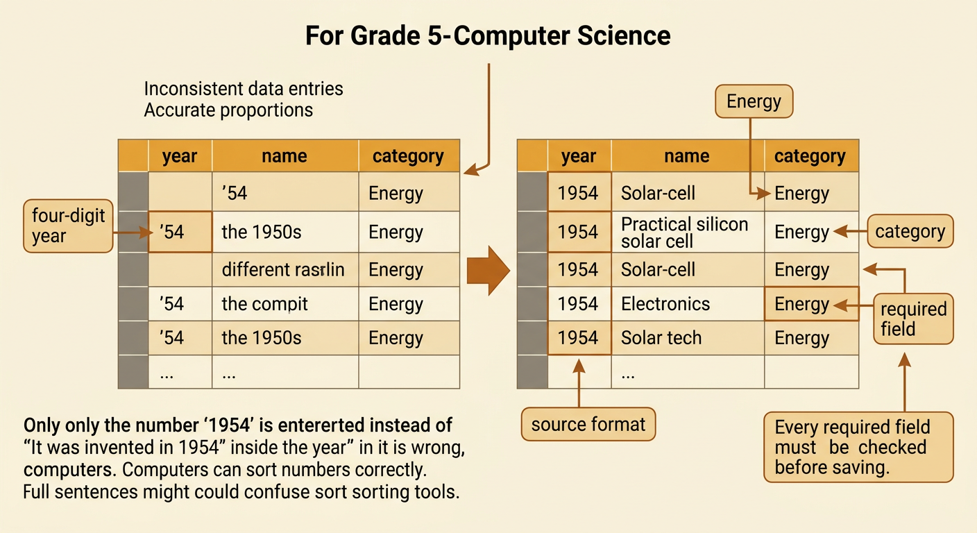 A consistent data-entry form shows a four-digit year, a standard category, completed required fields, and a matching source format.