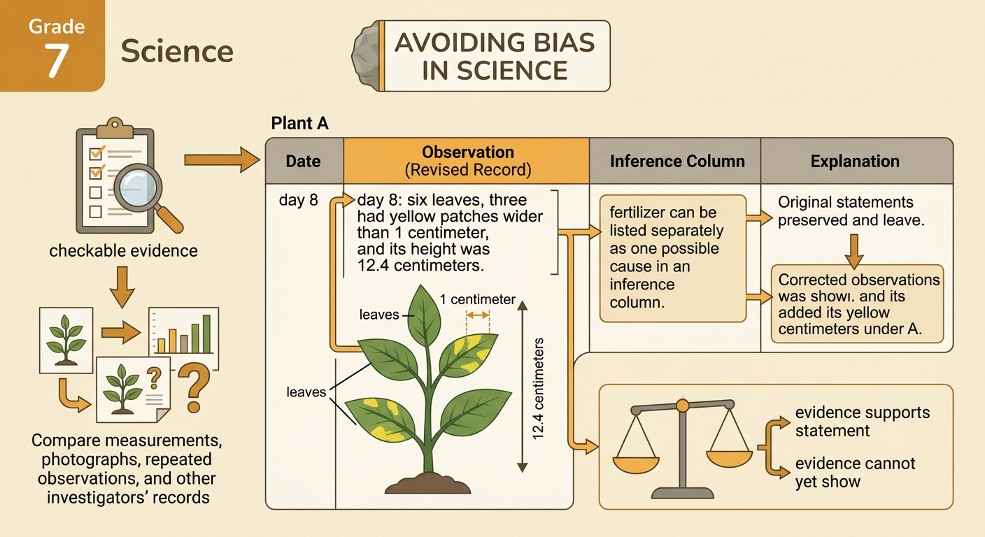 A notebook preserves a biased plant entry beside a corrected record of measurable evidence and a separate possible cause.