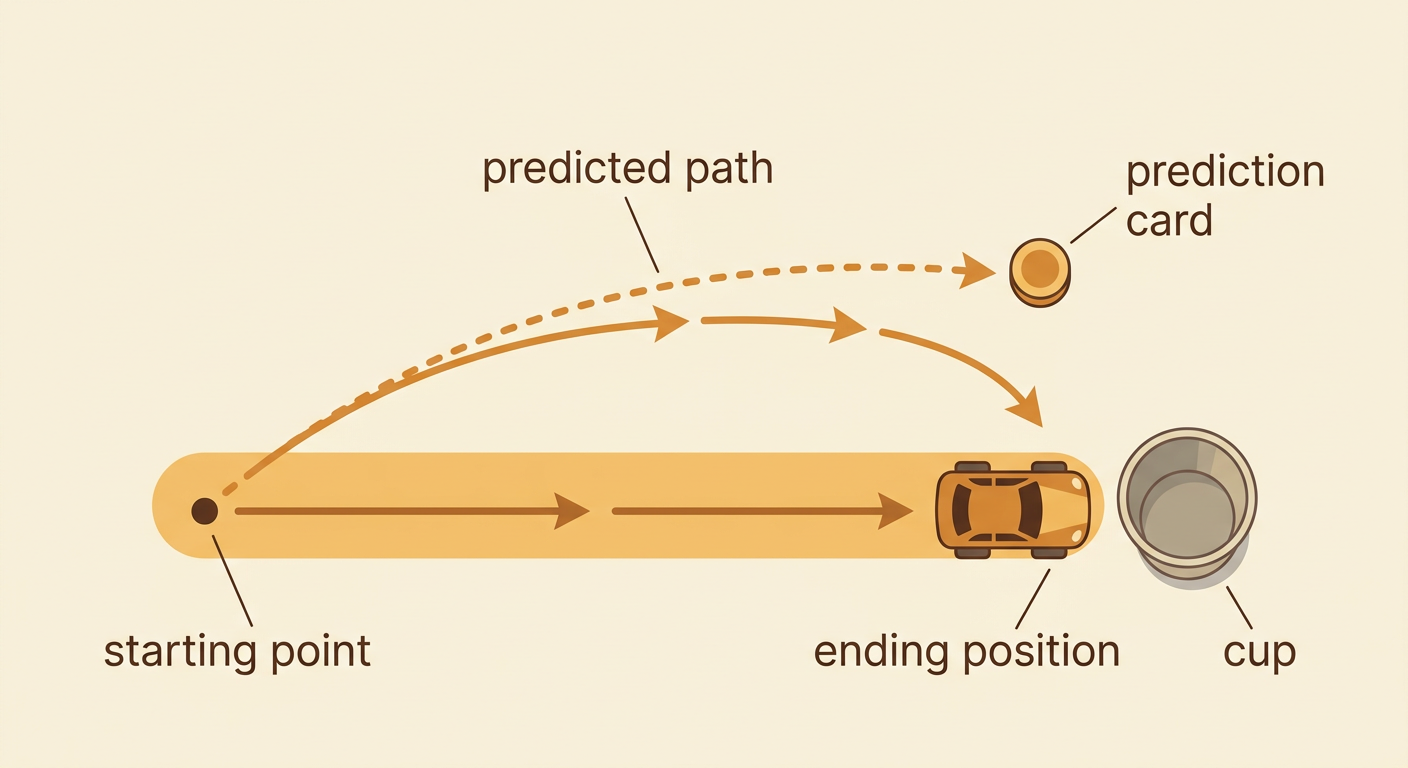 A toy has stopped beside a cup, with its ending position compared to a prediction card and starting point.