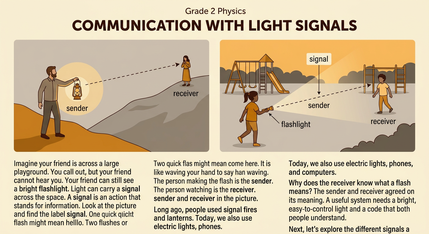 A sender flashes a light across a playground to a receiver who is too far away to hear.