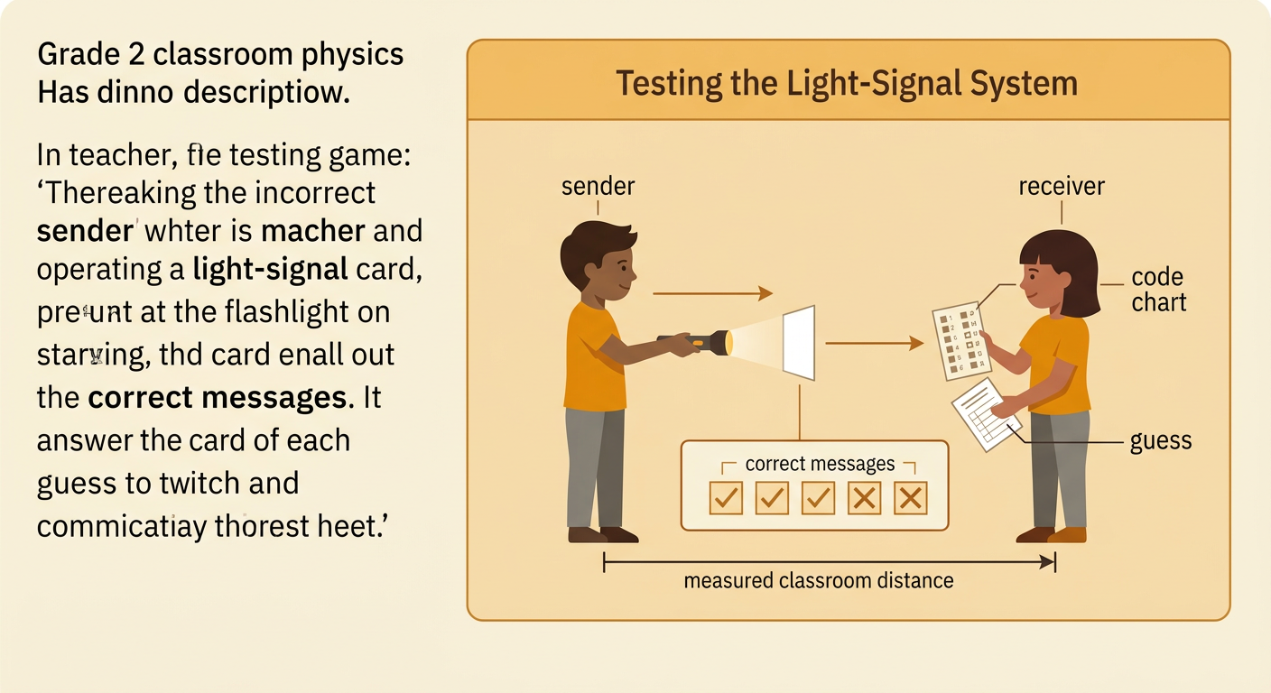 Two partners stand several steps apart as the sender flashes a coded message and the receiver records a guess.